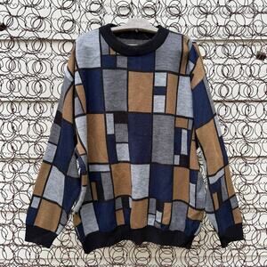 Vintage 90s grandpacore dark neutral colorblock windowpane sweater XL?